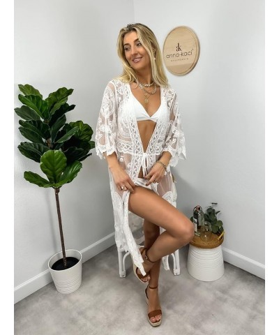 Women's Half Sleeve Tie Front Embroidered Lace Kimono Cardigan Coverup White $15.84 Sweaters