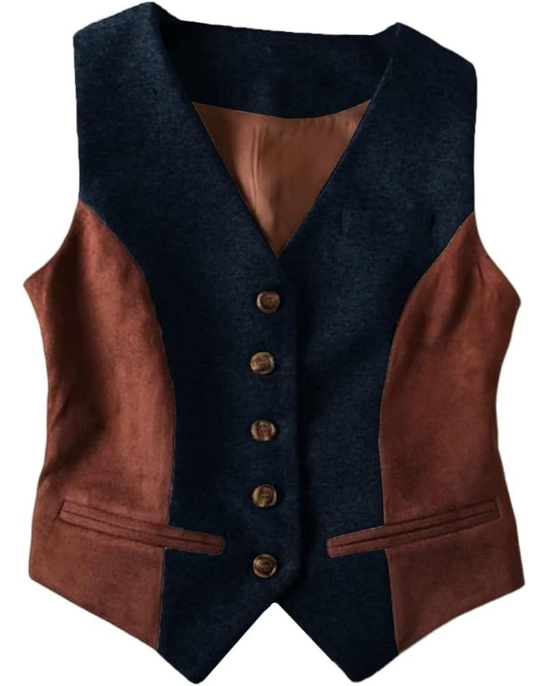 Women's Formal 5 Button V-Neck Business Dress Suit Vest Herringbone Tweed Slim Fit Waistcoat Navy Blue $14.41 Vests