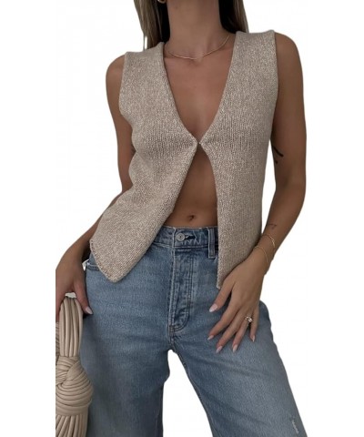 Women Crochet Knit Crop Vest Button Down V Neck Sleeveless Crop Tops Open Front Hollow Out Tank Top Khaki $7.79 Sweaters