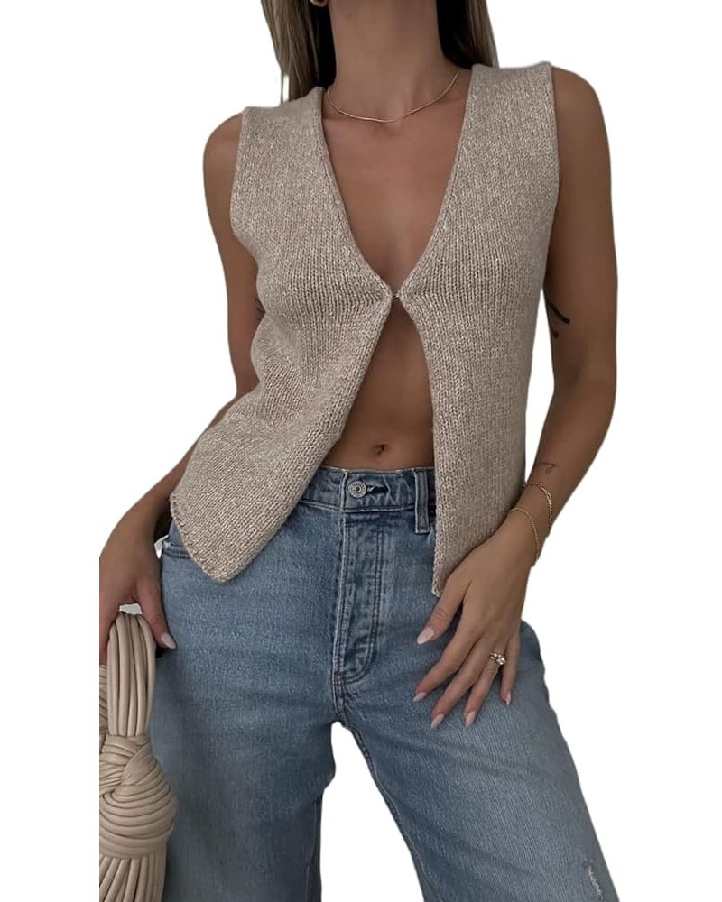 Women Crochet Knit Crop Vest Button Down V Neck Sleeveless Crop Tops Open Front Hollow Out Tank Top Khaki $7.79 Sweaters