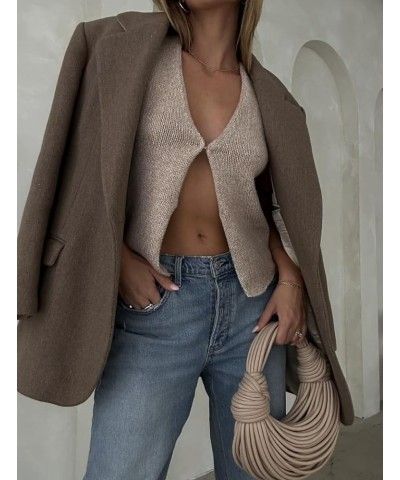 Women Crochet Knit Crop Vest Button Down V Neck Sleeveless Crop Tops Open Front Hollow Out Tank Top Khaki $7.79 Sweaters