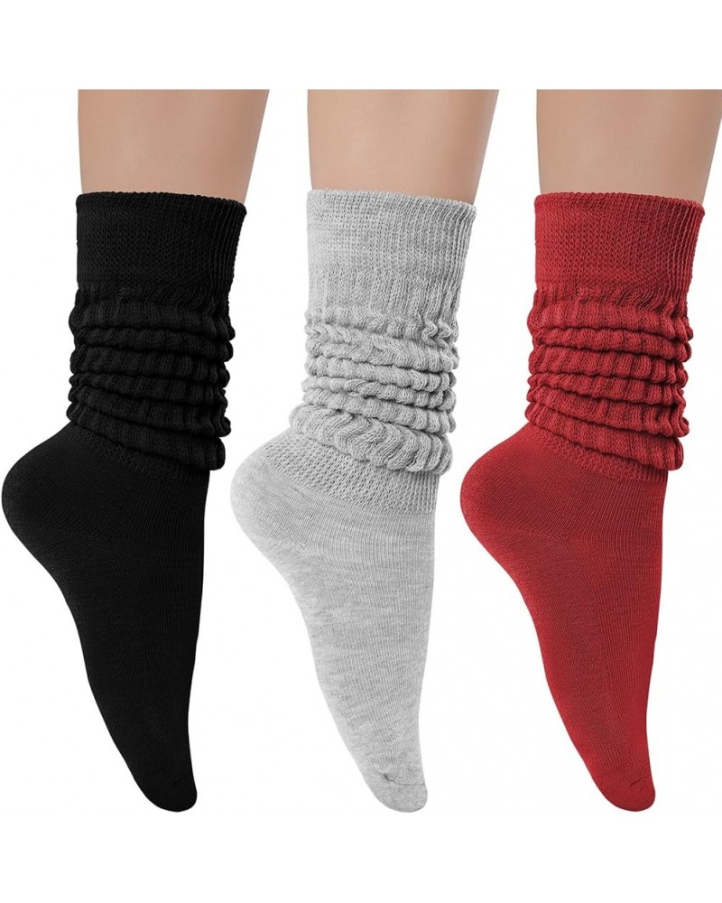 3 Pairs Women's Slouch Socks Cotton Knit Knee High Scrunch Sock Size 6-11 Black-grey-wine Red $11.77 Activewear