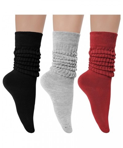 3 Pairs Women's Slouch Socks Cotton Knit Knee High Scrunch Sock Size 6-11 Black-grey-wine Red $11.77 Activewear