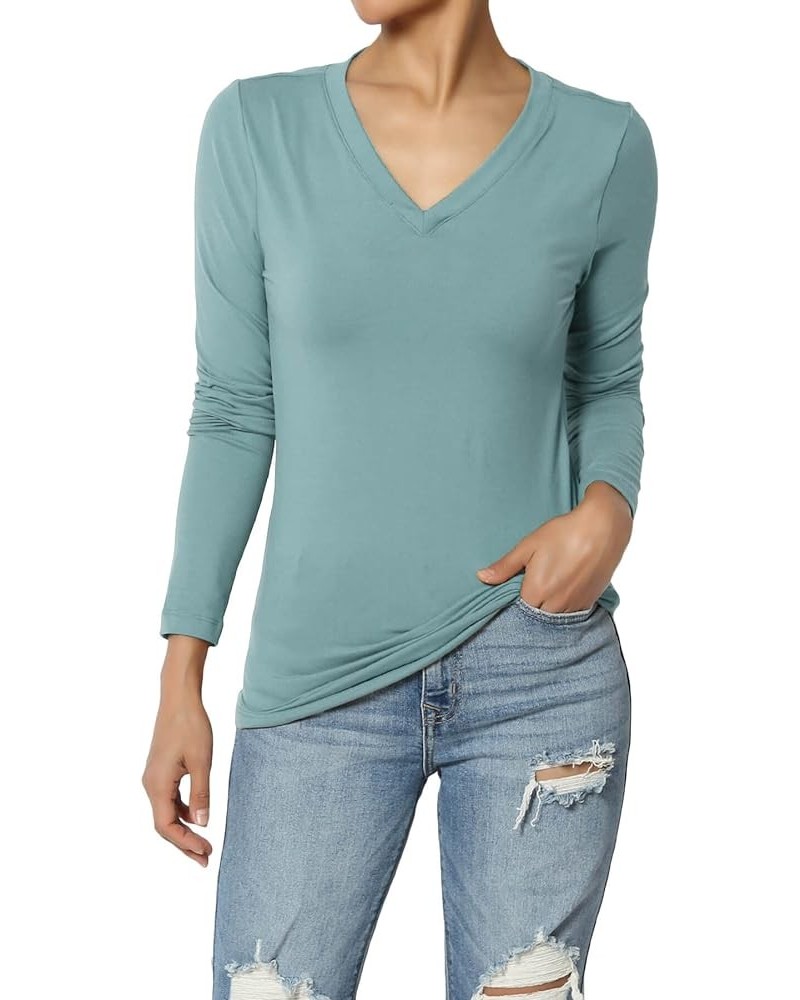 Women's Essential Soft Jersey V-Neck Long Sleeve T-Shirts Basic Stretch Slim Tee Dusty Blue $11.96 T-Shirts