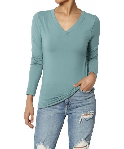 Women's Essential Soft Jersey V-Neck Long Sleeve T-Shirts Basic Stretch Slim Tee Dusty Blue $11.96 T-Shirts