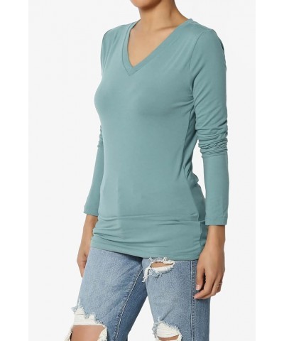 Women's Essential Soft Jersey V-Neck Long Sleeve T-Shirts Basic Stretch Slim Tee Dusty Blue $11.96 T-Shirts