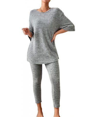 Women's 2 Piece Outfits Ribbed Short Sleeve Drop Shoulder Tee And Shorts Set 3/4 Sleeve Grey $18.61 Sleep & Lounge