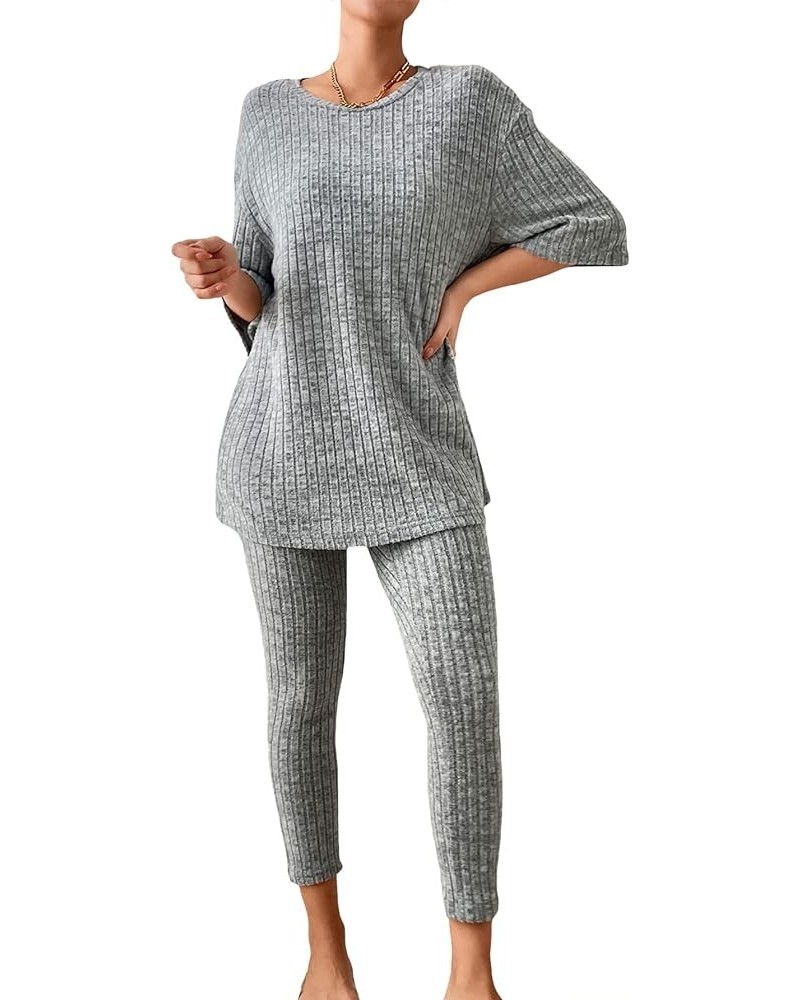 Women's 2 Piece Outfits Ribbed Short Sleeve Drop Shoulder Tee And Shorts Set 3/4 Sleeve Grey $18.61 Sleep & Lounge