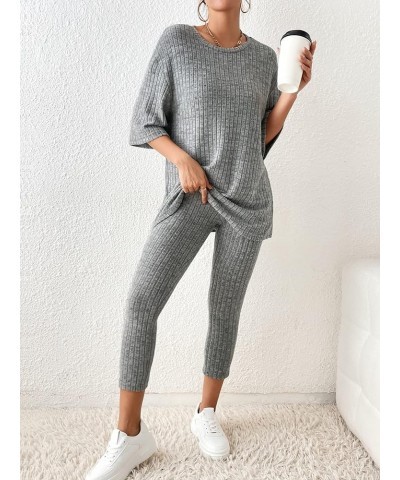 Women's 2 Piece Outfits Ribbed Short Sleeve Drop Shoulder Tee And Shorts Set 3/4 Sleeve Grey $18.61 Sleep & Lounge