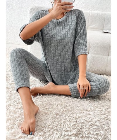 Women's 2 Piece Outfits Ribbed Short Sleeve Drop Shoulder Tee And Shorts Set 3/4 Sleeve Grey $18.61 Sleep & Lounge