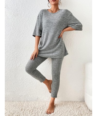 Women's 2 Piece Outfits Ribbed Short Sleeve Drop Shoulder Tee And Shorts Set 3/4 Sleeve Grey $18.61 Sleep & Lounge