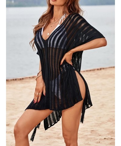 Women's Knit Stripe V Neck Crochet Short Sleeve Tie Side Cover Up Purple $16.45 Swimsuits