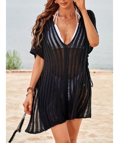 Women's Knit Stripe V Neck Crochet Short Sleeve Tie Side Cover Up Purple $16.45 Swimsuits