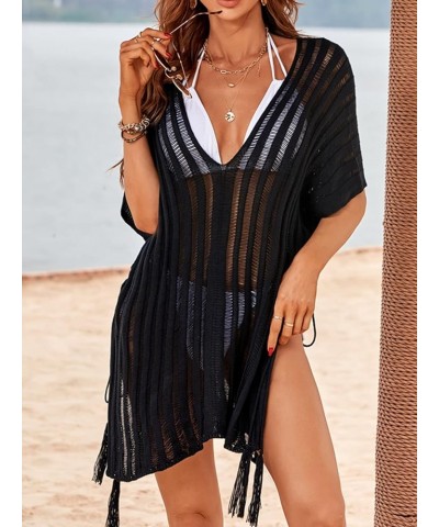 Women's Knit Stripe V Neck Crochet Short Sleeve Tie Side Cover Up Purple $16.45 Swimsuits