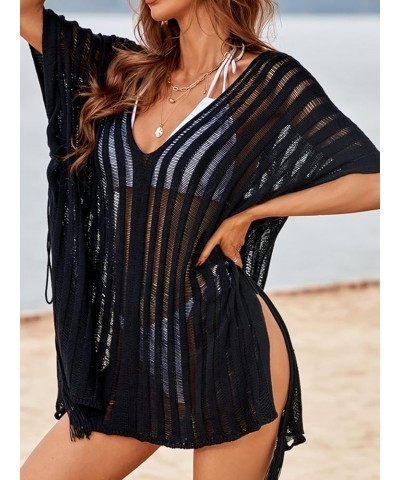 Women's Knit Stripe V Neck Crochet Short Sleeve Tie Side Cover Up Purple $16.45 Swimsuits