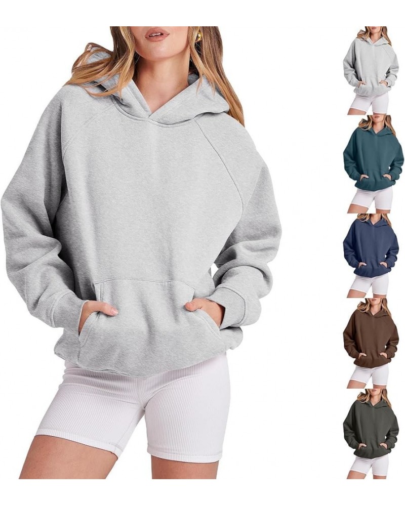 Women Solid Basic Fleece Letter Loose Hoodie Sweatshirt Long Sleeve Pocket Drop Shoulder Sweatshirts with Hoodies 1-grey $11....