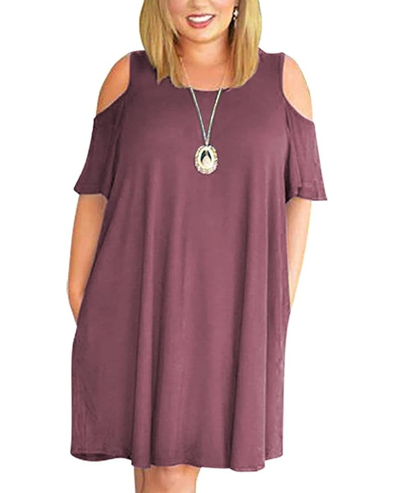 Women Plus Size Dresses Short Sleeve Cold Shoulder Casual T-Shirt Swing Dress with Pockets Purple Red $21.53 Dresses