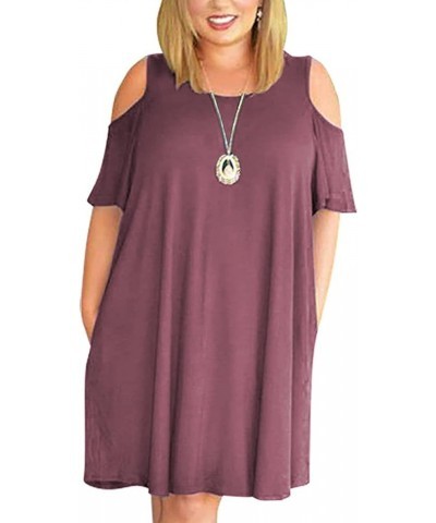 Women Plus Size Dresses Short Sleeve Cold Shoulder Casual T-Shirt Swing Dress with Pockets Purple Red $21.53 Dresses