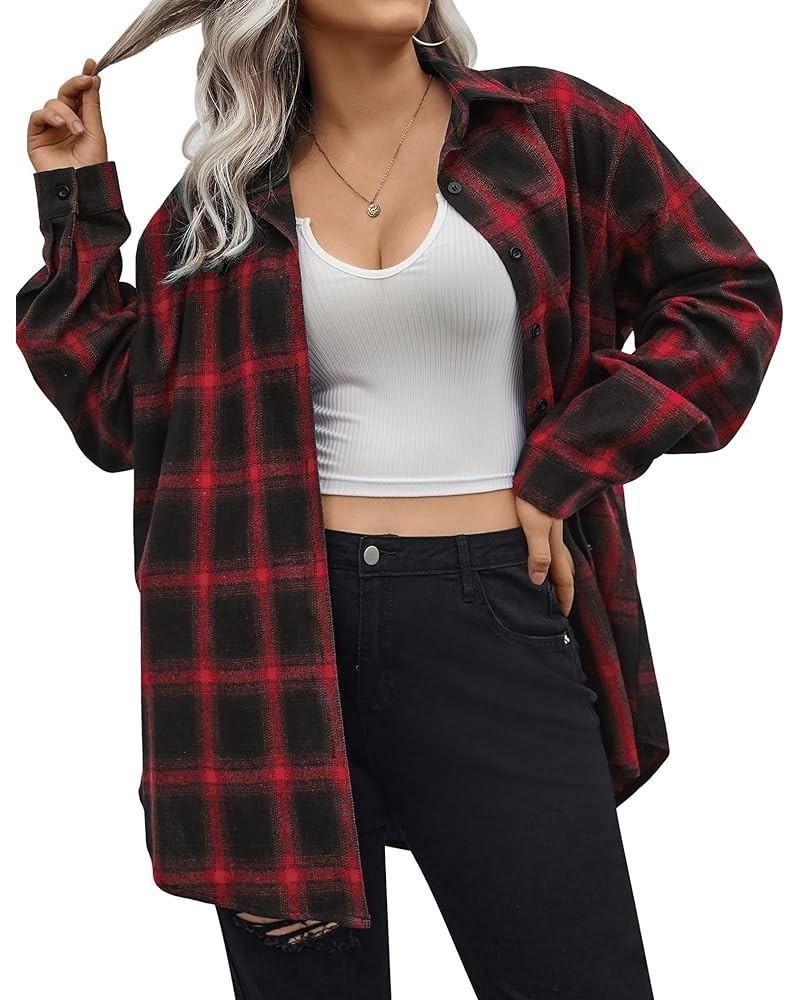 Womens Plus Size Flannel Plaid Shirt Roll Up Long Sleeve Mid-Long Button Down Shirts Casual Boyfriend Tops(16W-28W) Pattern 3...