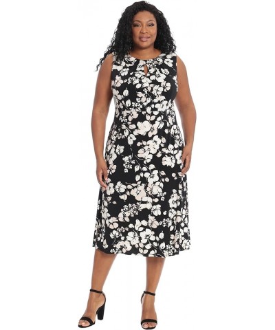 Women's Plus Size Floral Printed Sleeveless Empire A-line Midi Dress Black/Ivory $22.09 Dresses