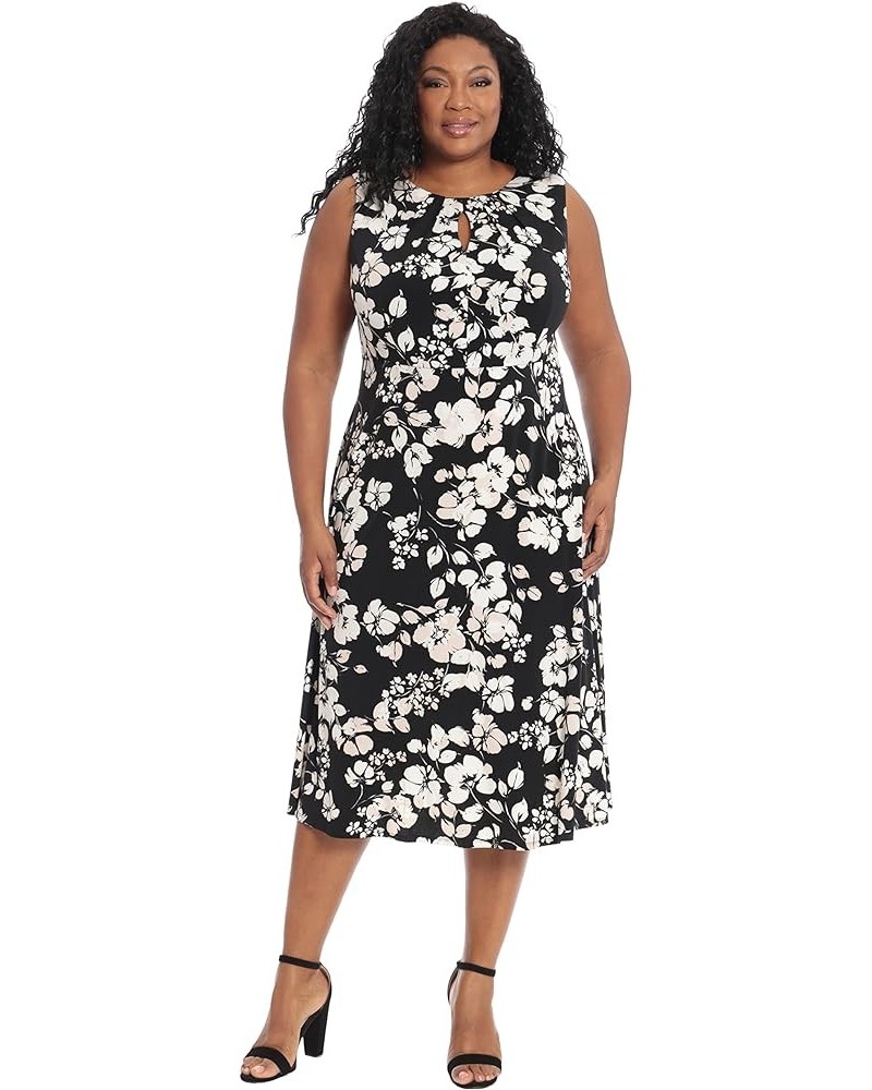 Women's Plus Size Floral Printed Sleeveless Empire A-line Midi Dress Black/Ivory $22.09 Dresses