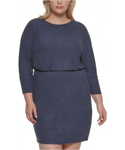 Womens Stretch Ribbed Lined 3/4 Sleeve Boat Neck Above The Knee Evening Blouson Dress Blue $14.20 Dresses