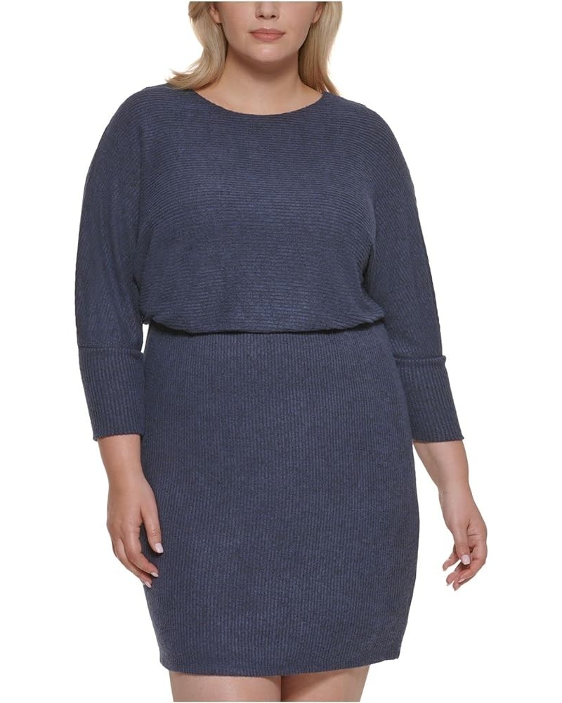 Womens Stretch Ribbed Lined 3/4 Sleeve Boat Neck Above The Knee Evening Blouson Dress Blue $14.20 Dresses