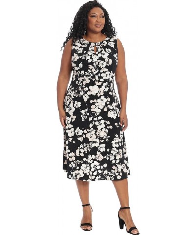 Women's Plus Size Floral Printed Sleeveless Empire A-line Midi Dress Black/Ivory $22.09 Dresses