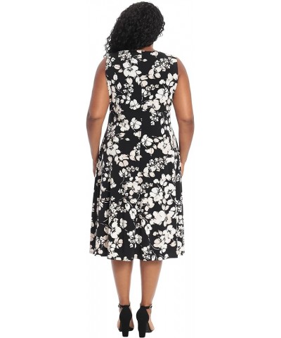 Women's Plus Size Floral Printed Sleeveless Empire A-line Midi Dress Black/Ivory $22.09 Dresses