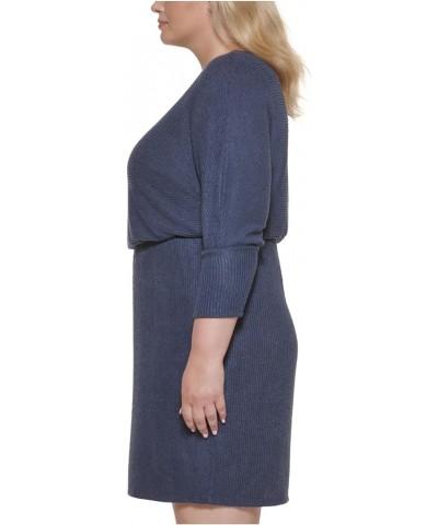 Womens Stretch Ribbed Lined 3/4 Sleeve Boat Neck Above The Knee Evening Blouson Dress Blue $14.20 Dresses