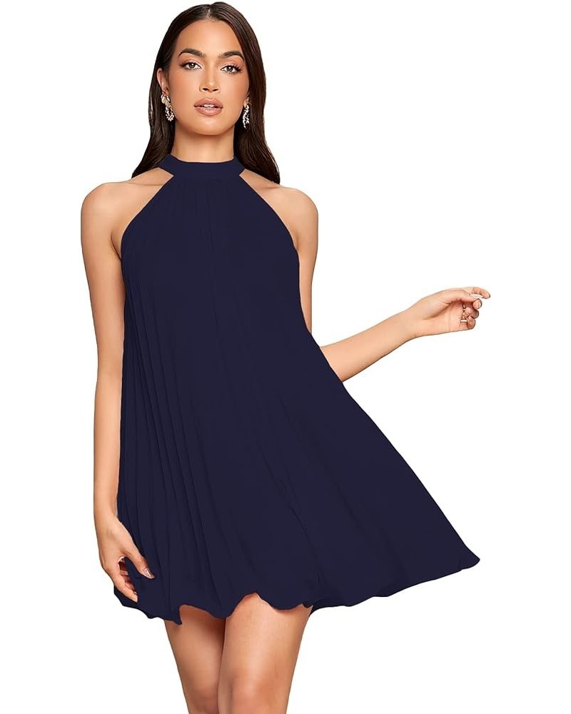 Women's Casual Sleeveless Tie Back Halter Dress Mini Swing Pleated A-line Loose Dress Dark Blue $20.58 Dresses