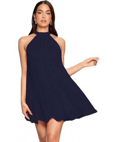 Women's Casual Sleeveless Tie Back Halter Dress Mini Swing Pleated A-line Loose Dress Dark Blue $20.58 Dresses