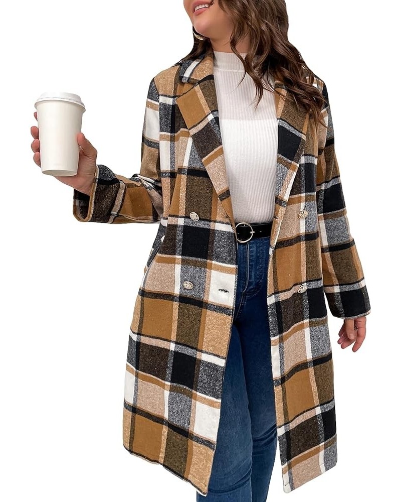 Women's Plus Size Plaid Double Breasted Lapel Collar Overcoat Long Sleeve Button Down Long Jacket With Pockets Multicolor $12...