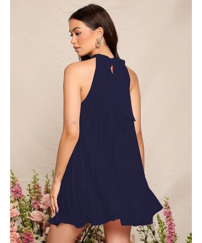 Women's Casual Sleeveless Tie Back Halter Dress Mini Swing Pleated A-line Loose Dress Dark Blue $20.58 Dresses