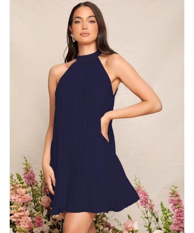 Women's Casual Sleeveless Tie Back Halter Dress Mini Swing Pleated A-line Loose Dress Dark Blue $20.58 Dresses