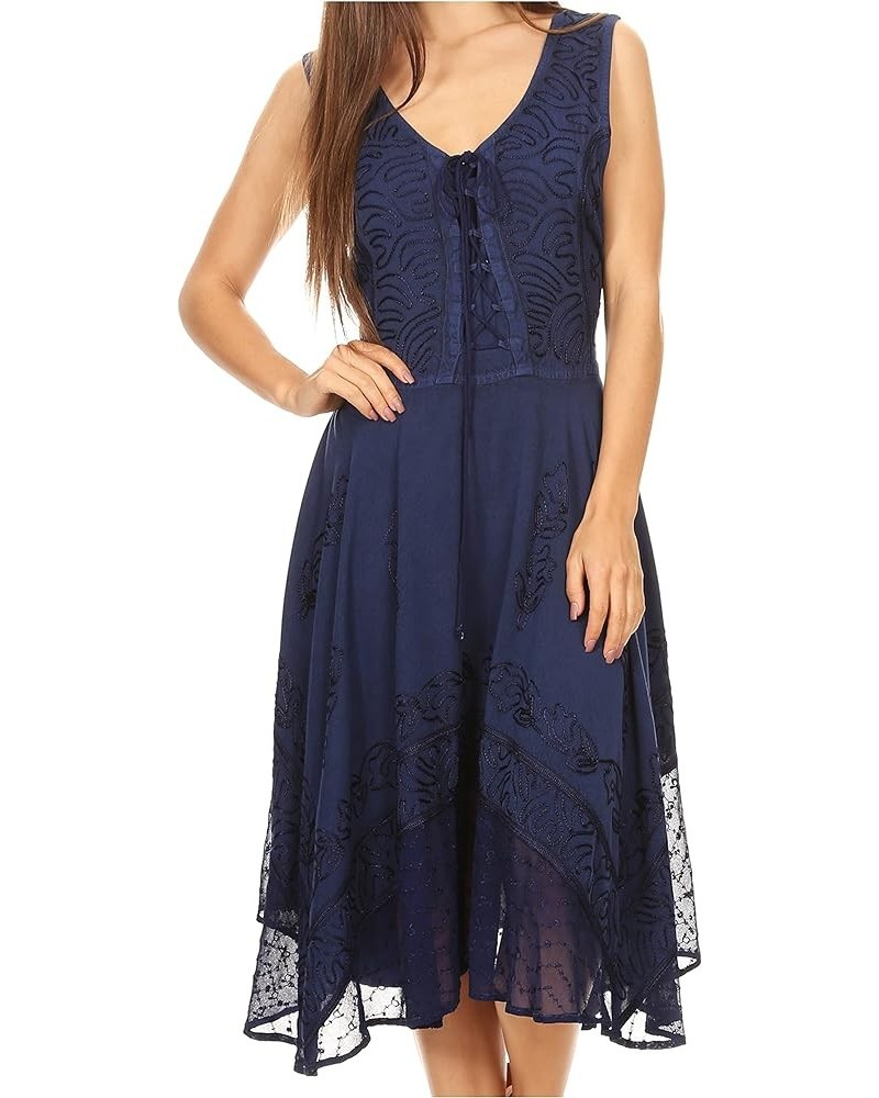 Magdilena Stonewashed Corset Front Embroidered Dress Navy $24.48 Dresses