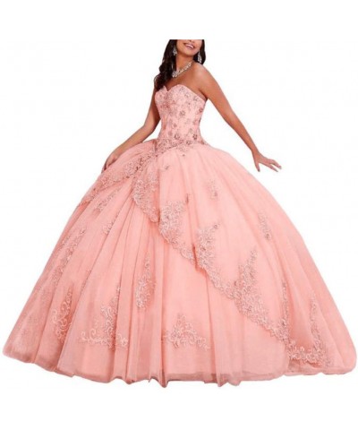 Women's Sweetheart Neck Beaded Quinceanera Dress Lace Applique Ball Gowns Peach $71.30 Dresses