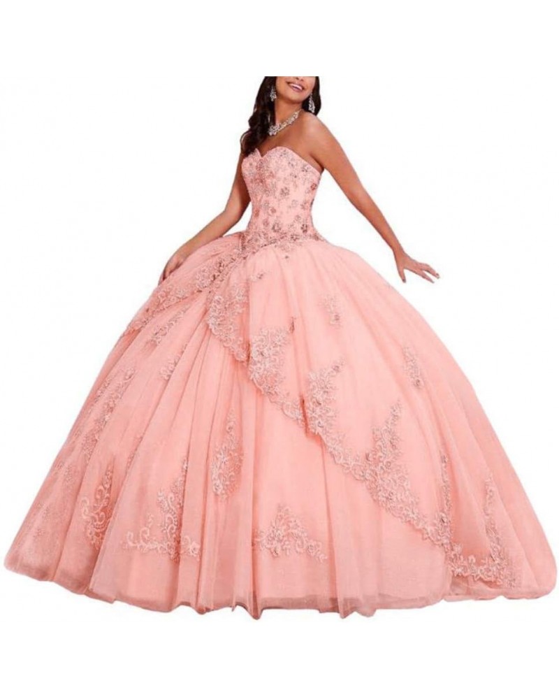 Women's Sweetheart Neck Beaded Quinceanera Dress Lace Applique Ball Gowns Peach $71.30 Dresses