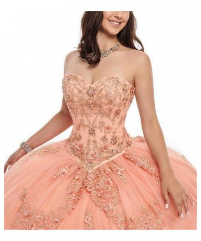 Women's Sweetheart Neck Beaded Quinceanera Dress Lace Applique Ball Gowns Peach $71.30 Dresses