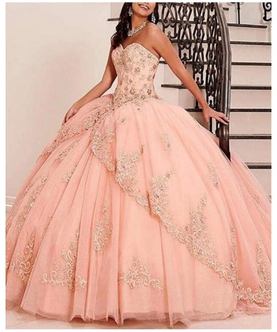 Women's Sweetheart Neck Beaded Quinceanera Dress Lace Applique Ball Gowns Peach $71.30 Dresses