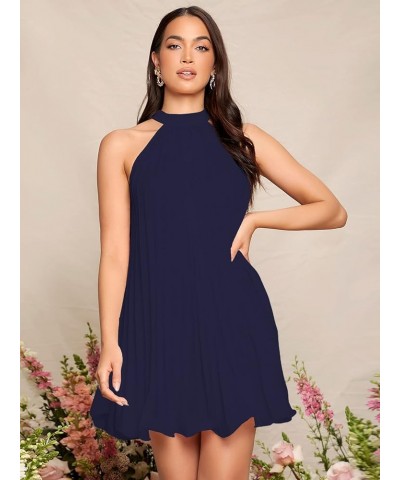 Women's Casual Sleeveless Tie Back Halter Dress Mini Swing Pleated A-line Loose Dress Dark Blue $20.58 Dresses