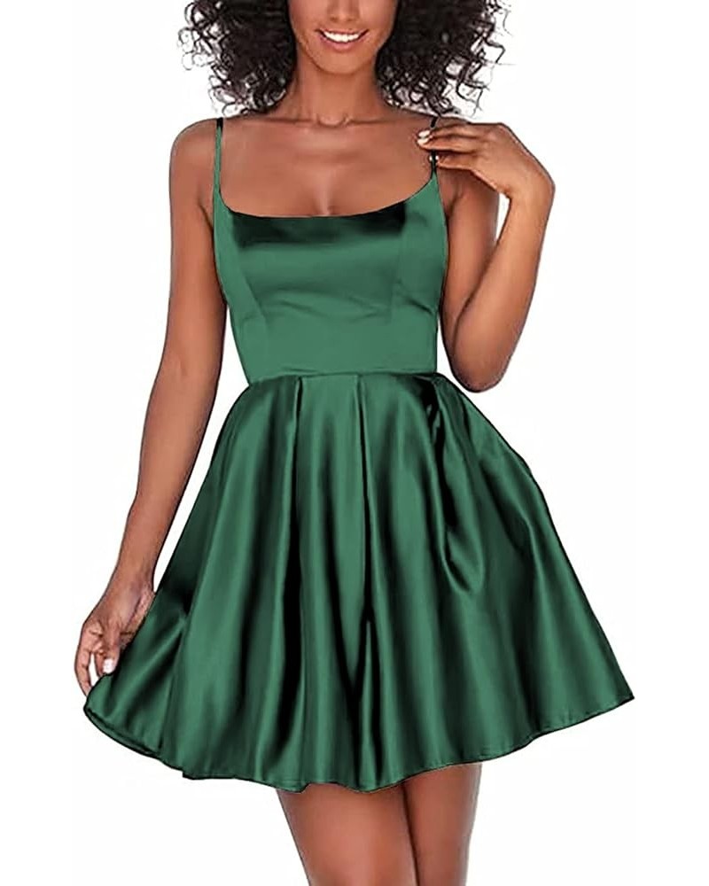 Short Homecoming Dresses for Teens Backless Spaghetti Strap Satin Formal Prom Cocktail Party Gown with Pockets Emerald Green ...