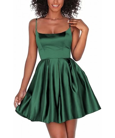 Short Homecoming Dresses for Teens Backless Spaghetti Strap Satin Formal Prom Cocktail Party Gown with Pockets Emerald Green ...