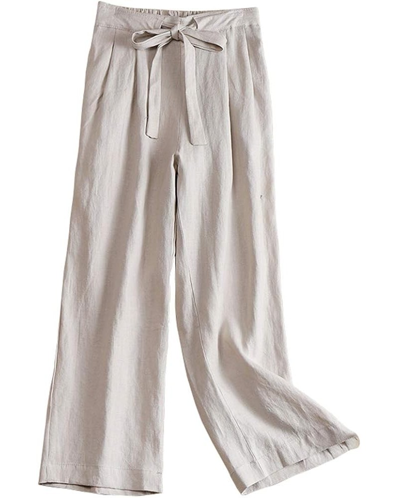 Womens Summer Elastic Waist Wide Legs Drawstring Linen Pants Slacks Trousers Beige $10.50 Pants