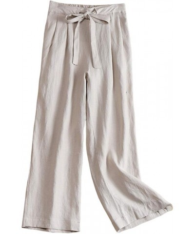 Womens Summer Elastic Waist Wide Legs Drawstring Linen Pants Slacks Trousers Beige $10.50 Pants