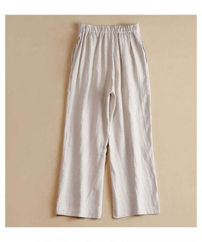 Womens Summer Elastic Waist Wide Legs Drawstring Linen Pants Slacks Trousers Beige $10.50 Pants