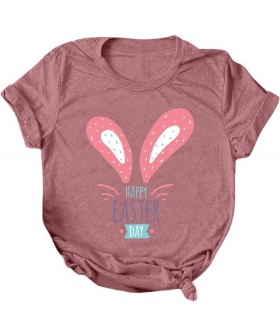 Happy Easter Shirts for Women Funny Cute Bunny Graphic Tees Short Sleeve Crewneck Summer Holiday Tops Pullover E-pink $4.54 A...