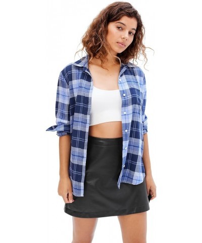 Women's Drapey Flannel Button Down Shirt Blue Plaid $18.70 Blouses