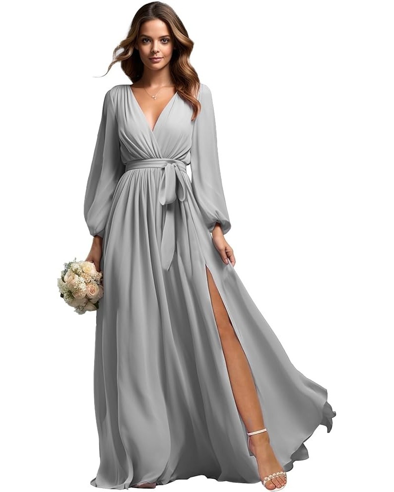 Women's Long Sleeve Bridesmaid Dresses for Wedding Chiffon Pleated Formal Evening Gown with Slit Silver $26.65 Dresses