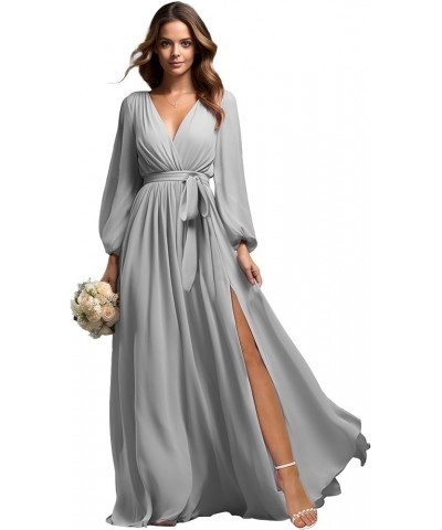 Women's Long Sleeve Bridesmaid Dresses for Wedding Chiffon Pleated Formal Evening Gown with Slit Silver $26.65 Dresses